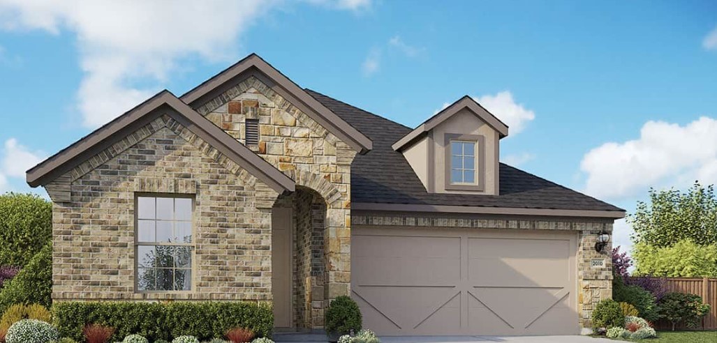 Front view of one-story home with a Texas Hill Country stonework design