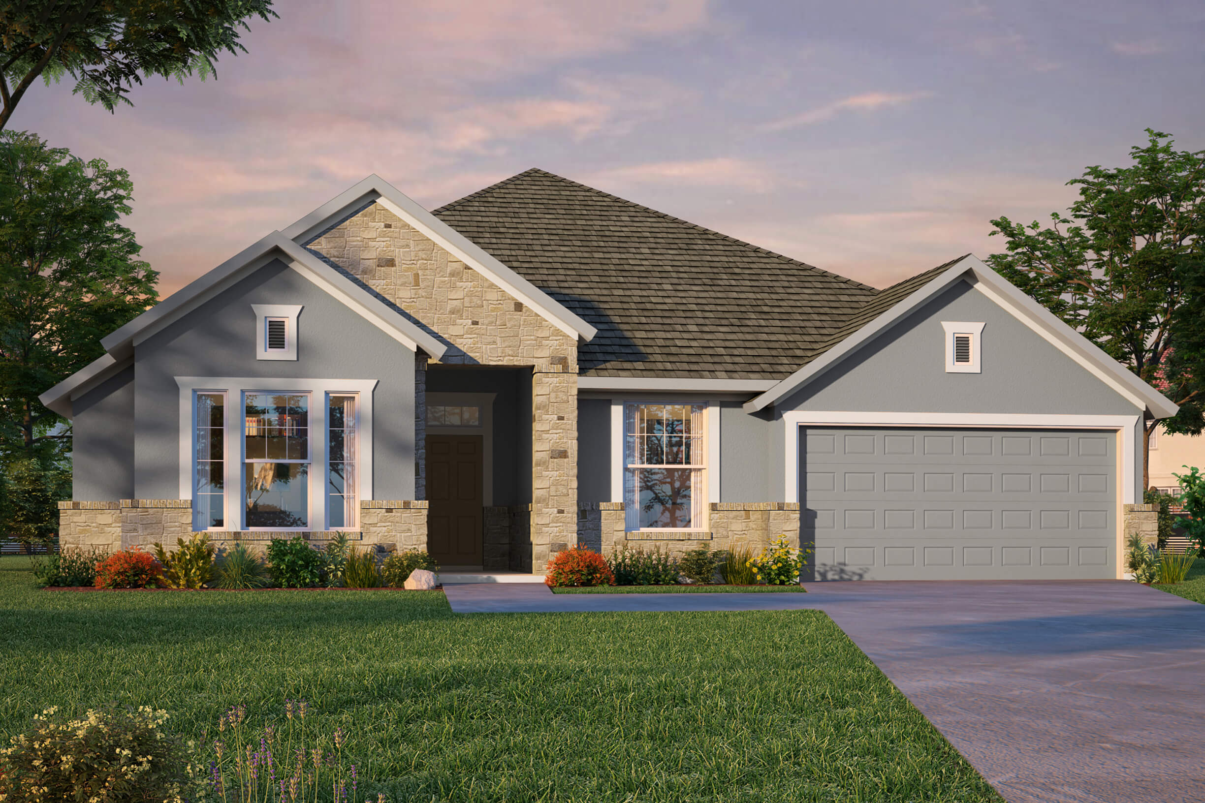 David Weekley model home render at sunset in Meyer Ranch neighborhood