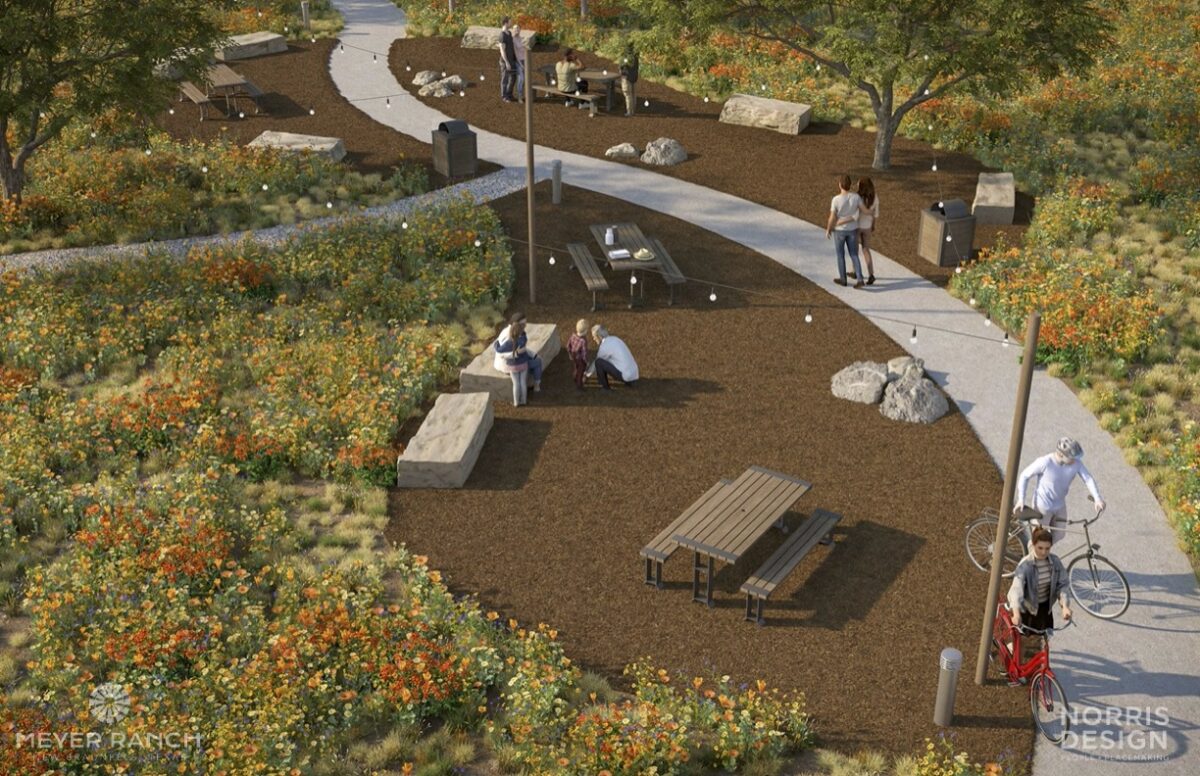 Rendering of Heimer House Park. Walking paths and benches provided for family to walk and sit. 