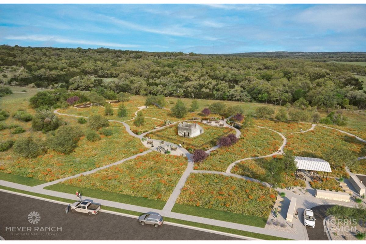 Aerial image of Heimer House park. Home in middle with walking trails around it.