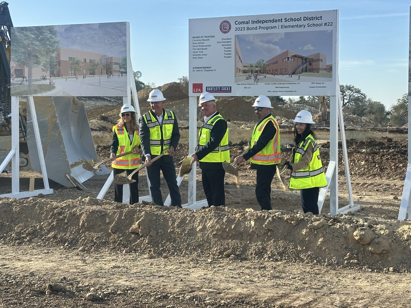 Elementary School 22 in Meyer Ranch groundbreaking ceremony with community officials in hardhats turning over dirt with shovels