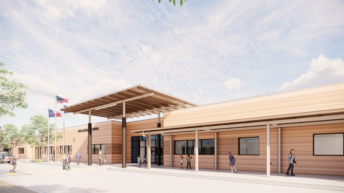 Rendering of the front exterior of the upcoming on-site elementary school in Meyer Ranch. 